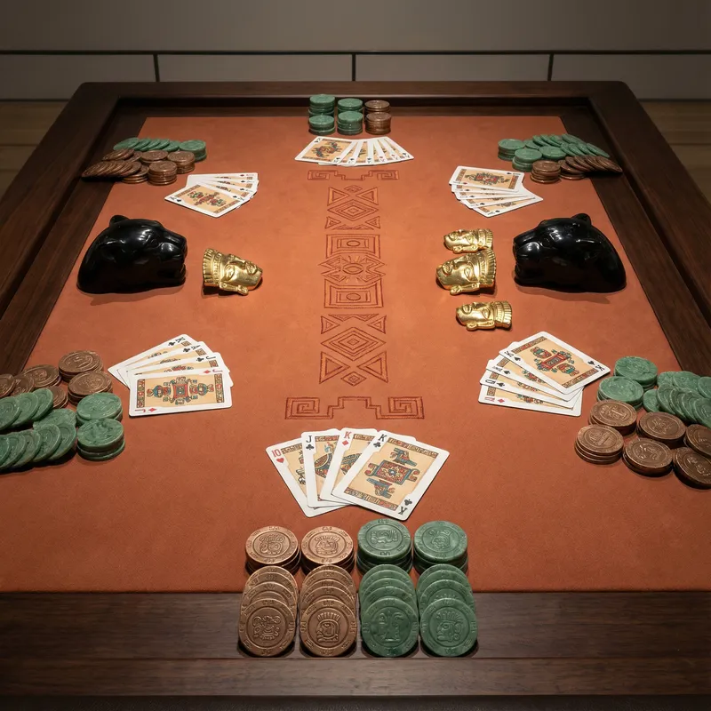 Mesa de bacará con cartas y fichas de bronce inspiradas en arte prehispánico en Casino Jubilee