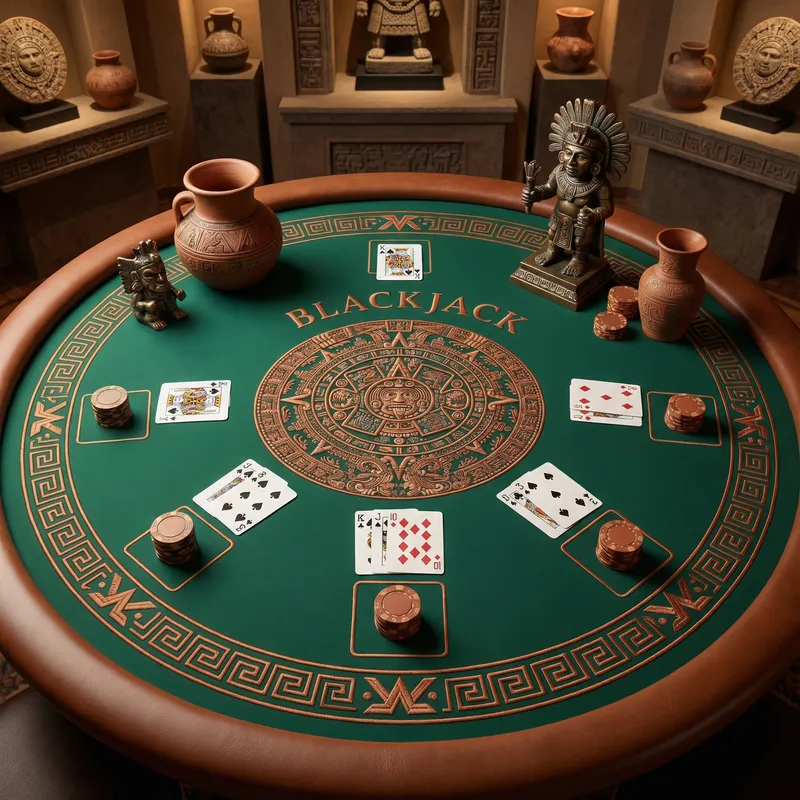 Mesa de blackjack con diseño del calendario azteca en Casino Jubilee México