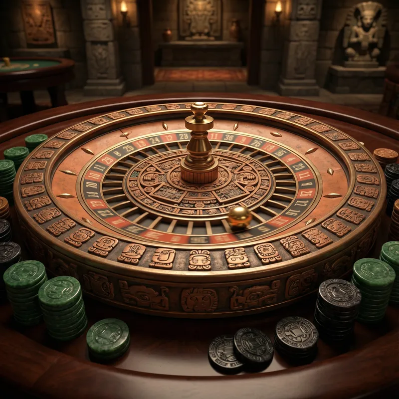 Ruleta europea con decoración mesoamericana y fichas de jade en Casino Jubilee México